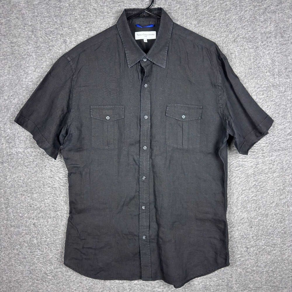 Teddy Stratford‎ Shirt Mens Large (4) Black Short Sleeve Button 100% Linen